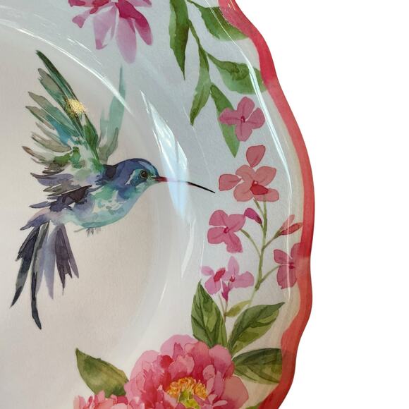 Soho Loft Hummingbird Pink Floral Melamine Serving Bowl 14" Round Scalloped New - Picture 10 of 10